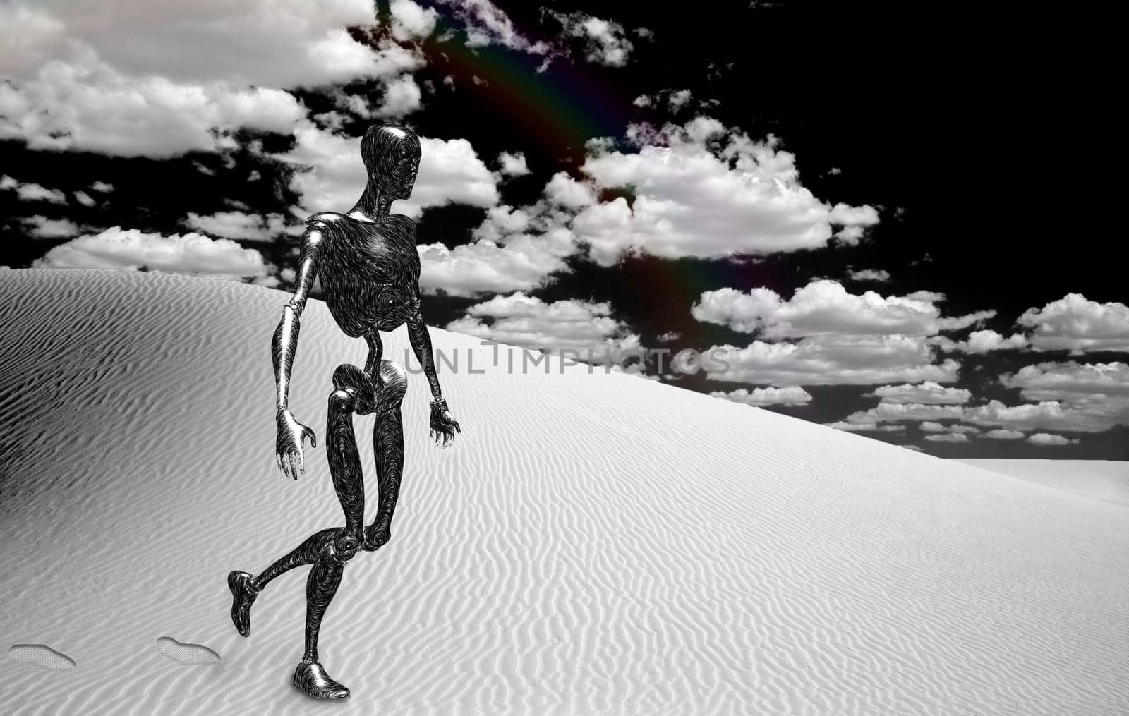 Robot in surreal white desert. 3D rendering