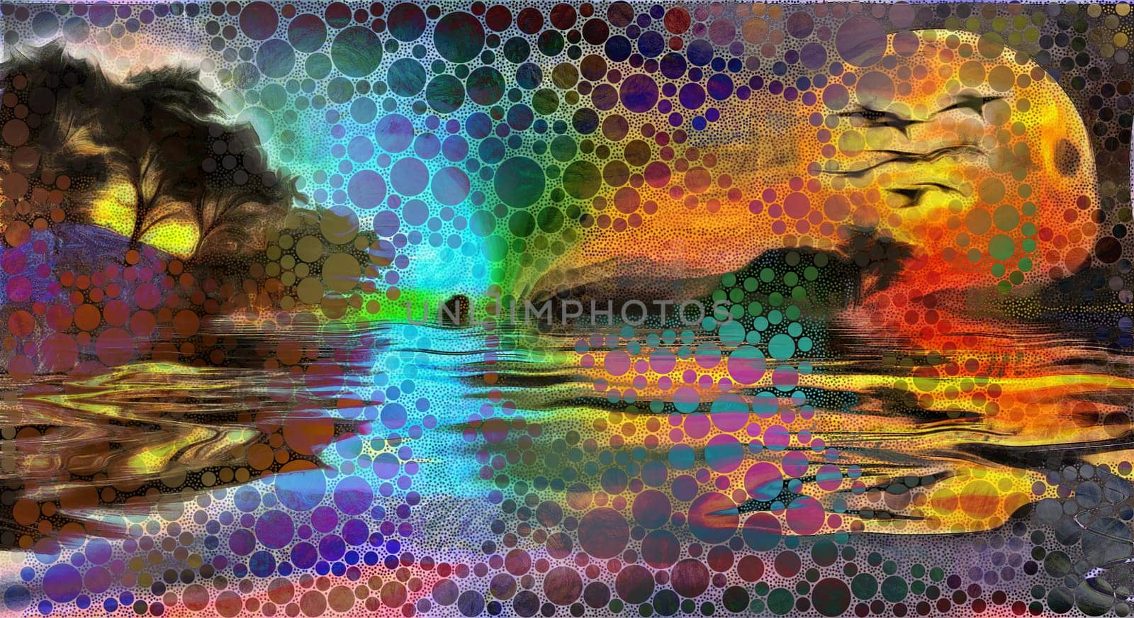 Sunset over forest lake. Circles pattern