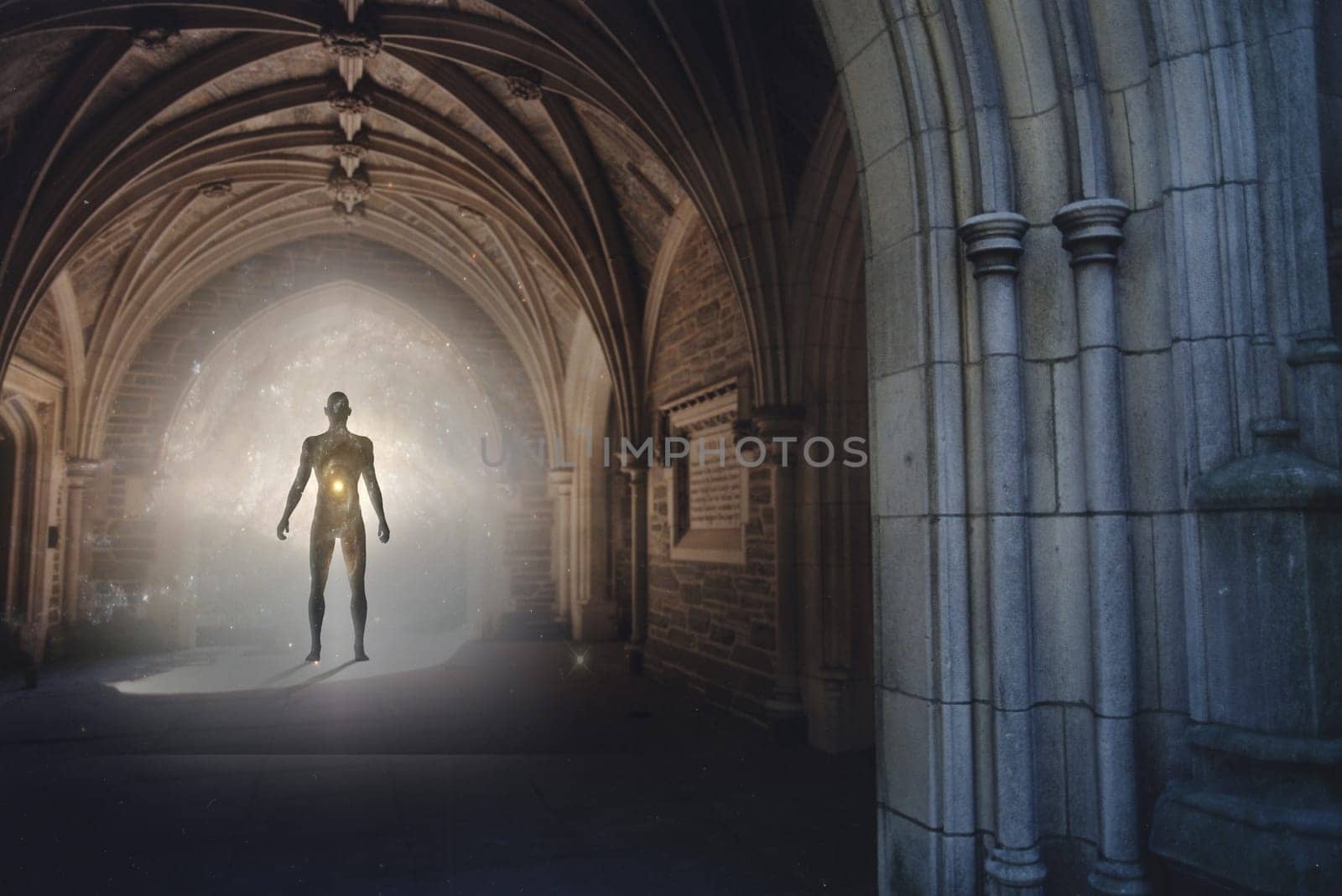 Human silhouette with universe inside stands in Gothic archway with light illuminating the path.