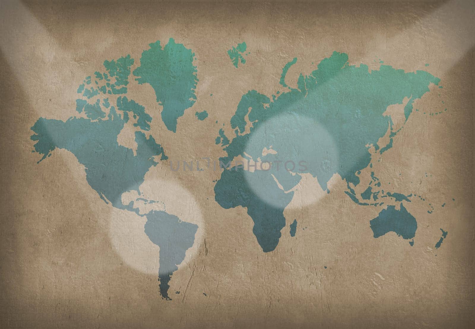 World map. Painting in blue color on the wall. 3D rendering