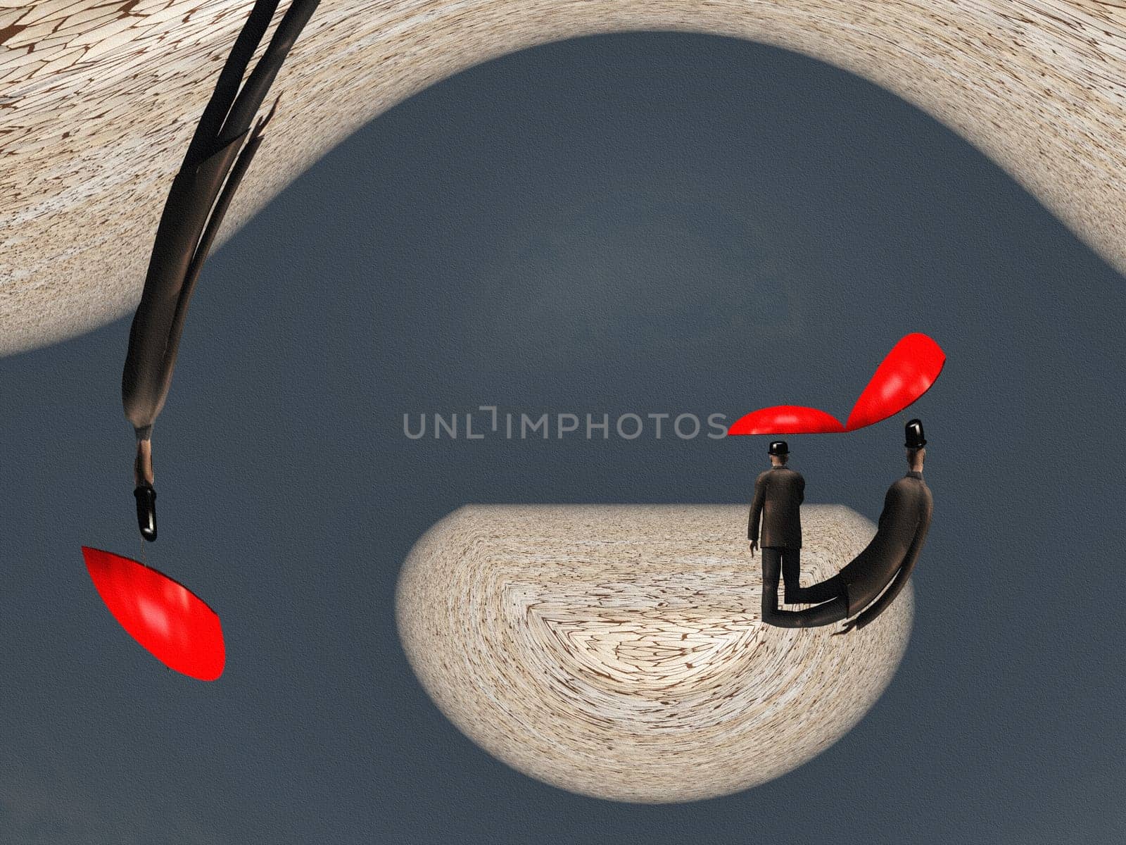 Surreal digital art. Man with red umbrella in dry land under gathering storm.