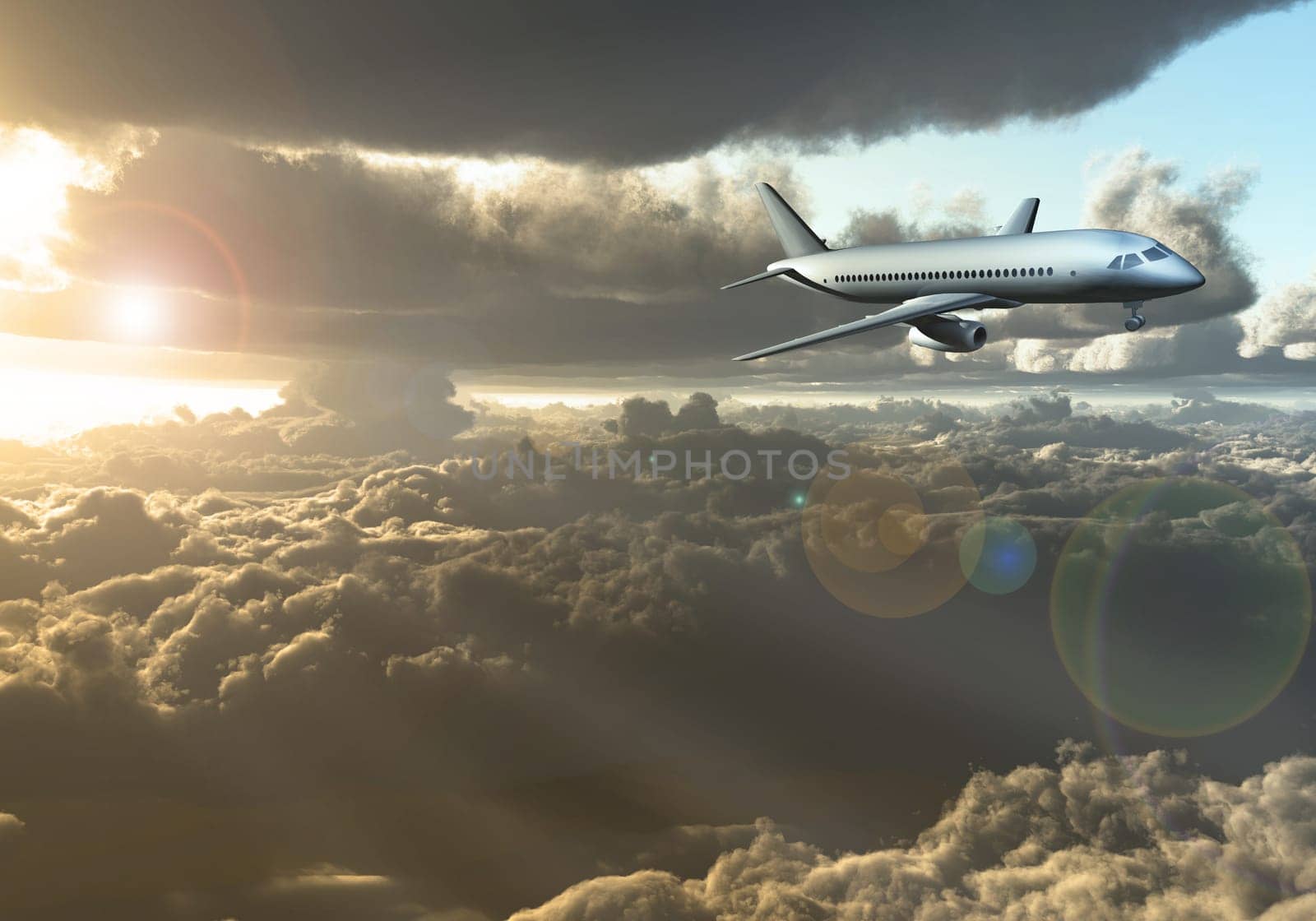Jet Aircraft flying between clouds. 3D rendering