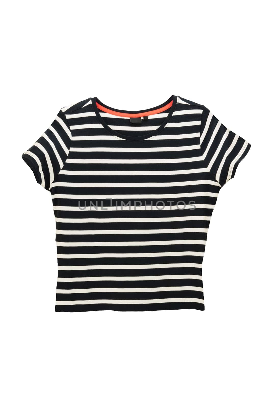 Black and white from womans clothing isolated on white background. Black and white striped womans shirt in marine style. Summer fashion.
