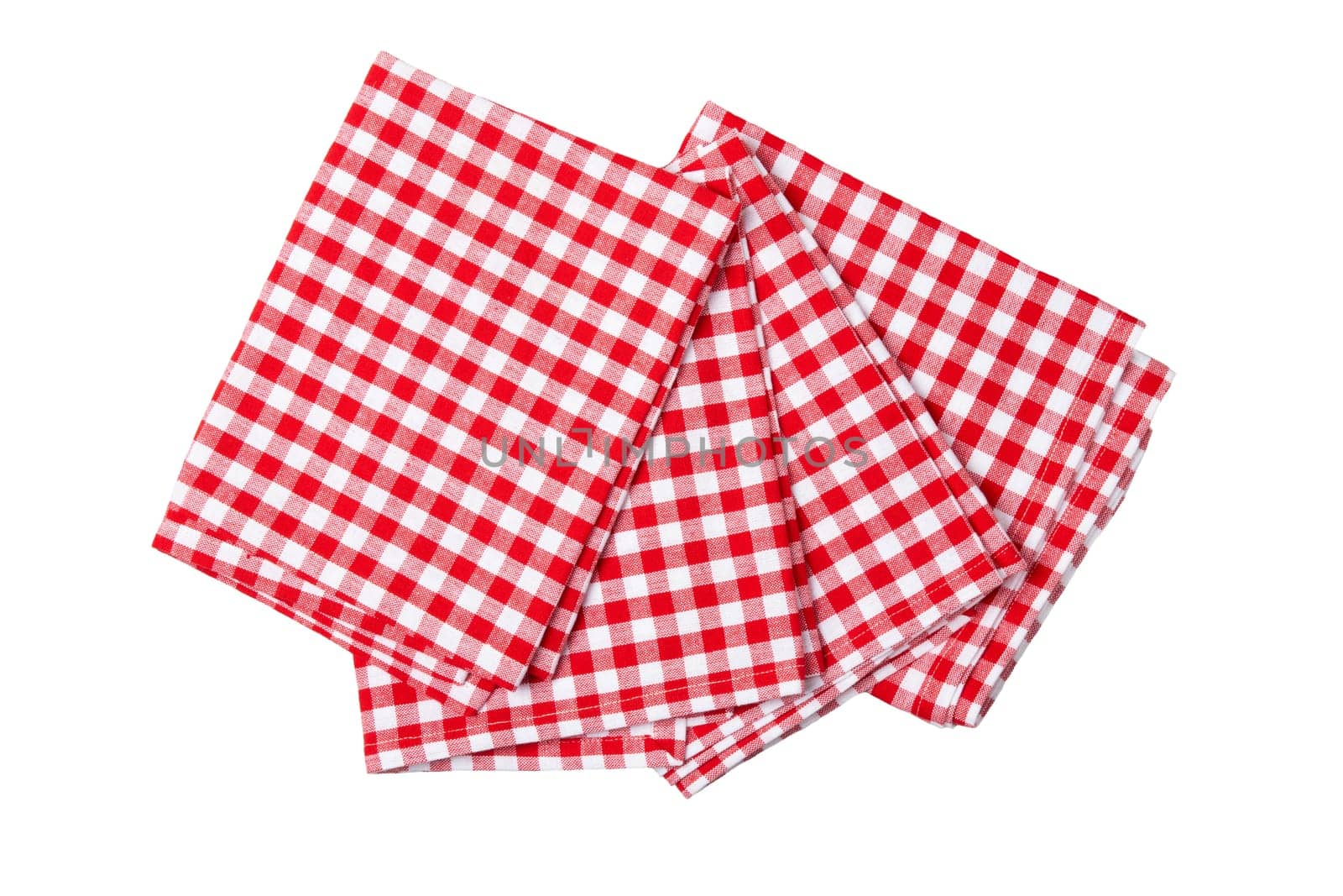 Set of four red and white checkered napkins. Kitchen accessories..