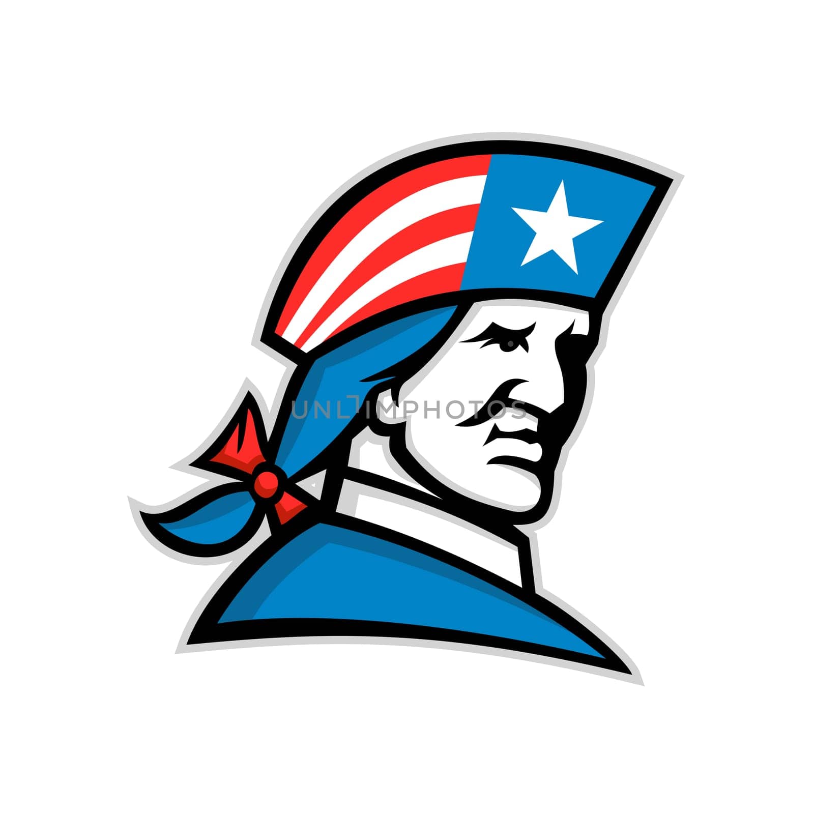 Mascot icon illustration of head of an American patriot, minuteman or revolutionary soldier with USA flag stars and stripes on his tricorn hat viewed from side on isolated background in retro style.