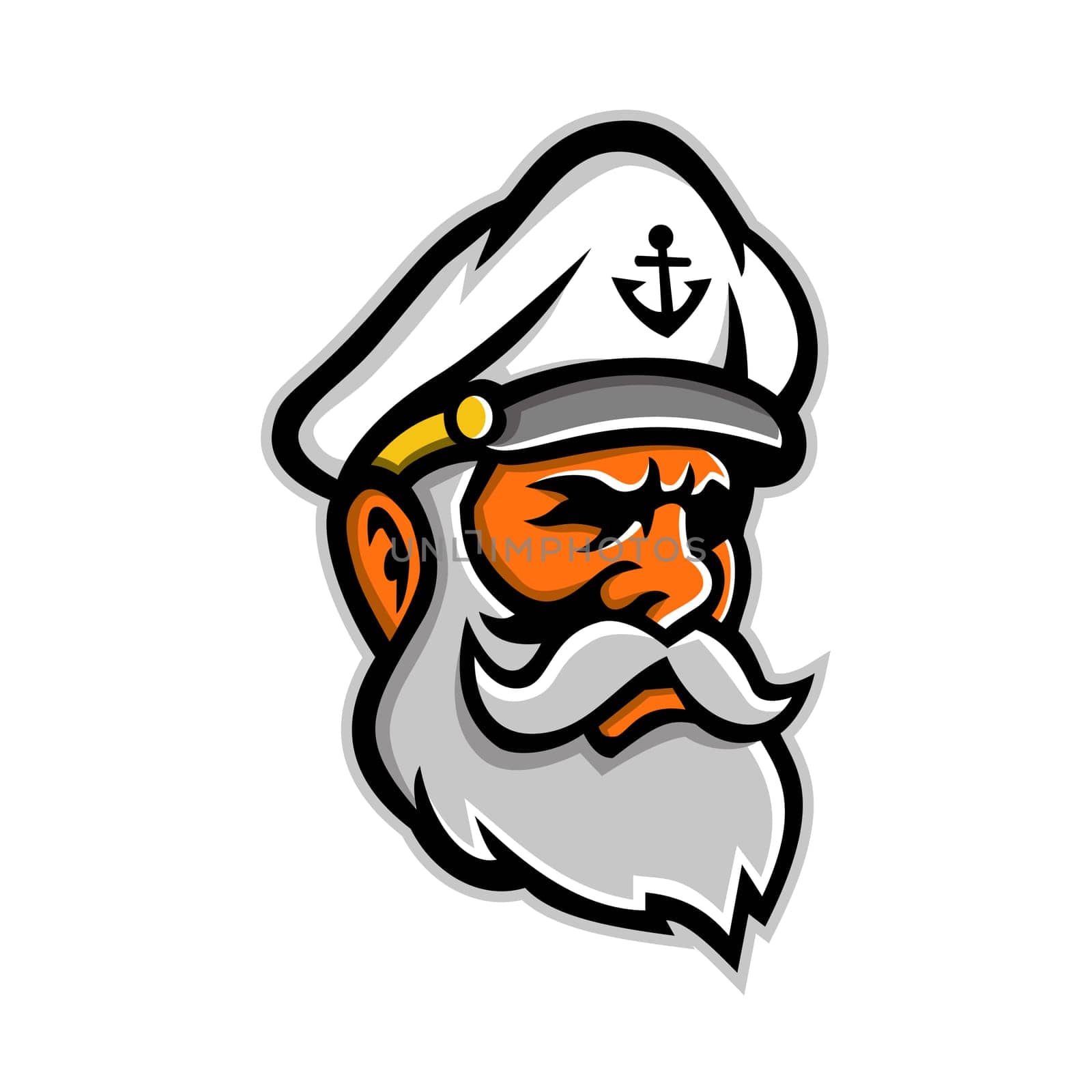 Mascot icon illustration of head of a seadog or sea dog, an old or experienced sea captain, sailor or fisherman viewed from side on isolated background in retro style.