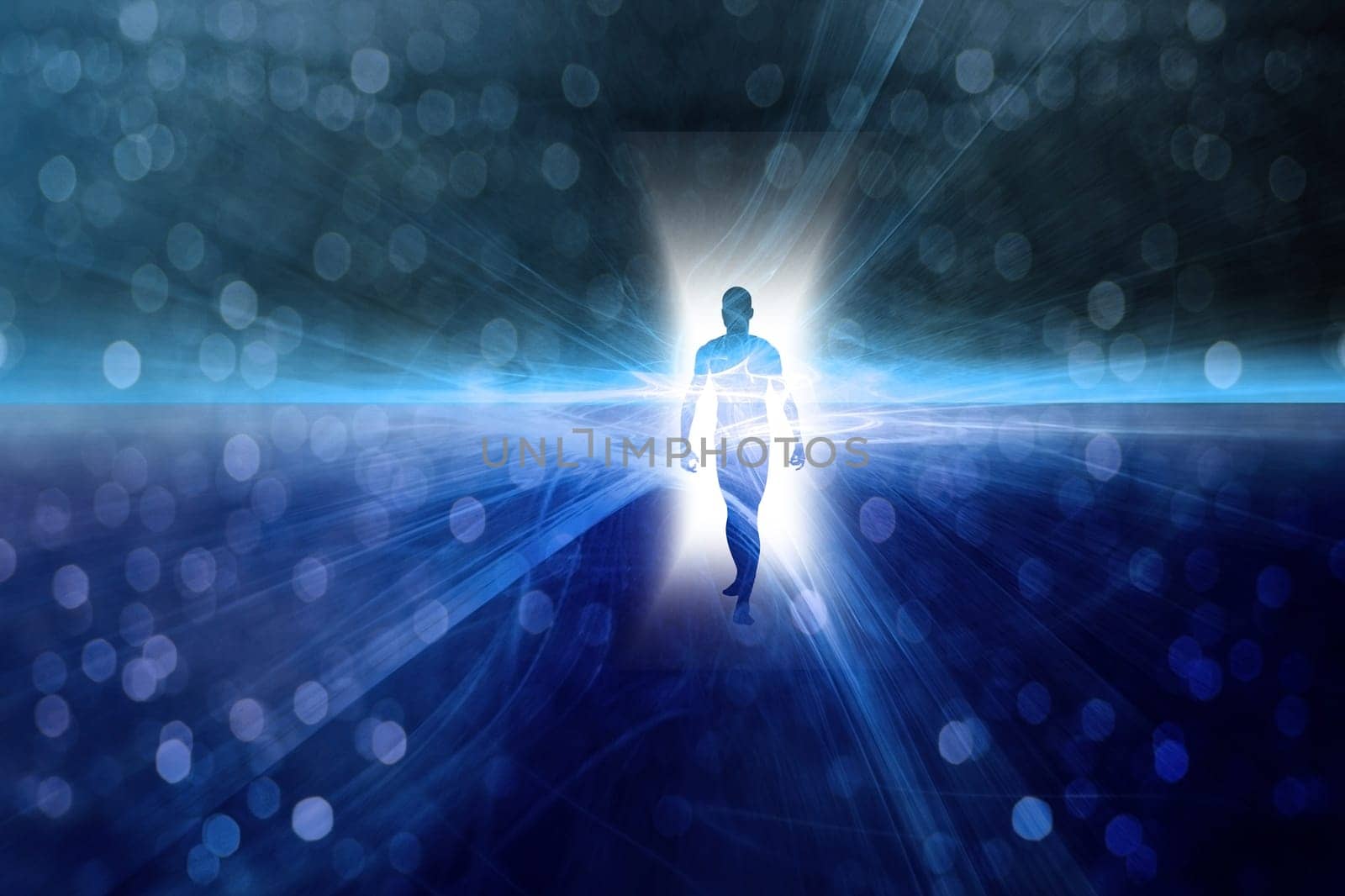 Man's figure emerges from light. Bokeh