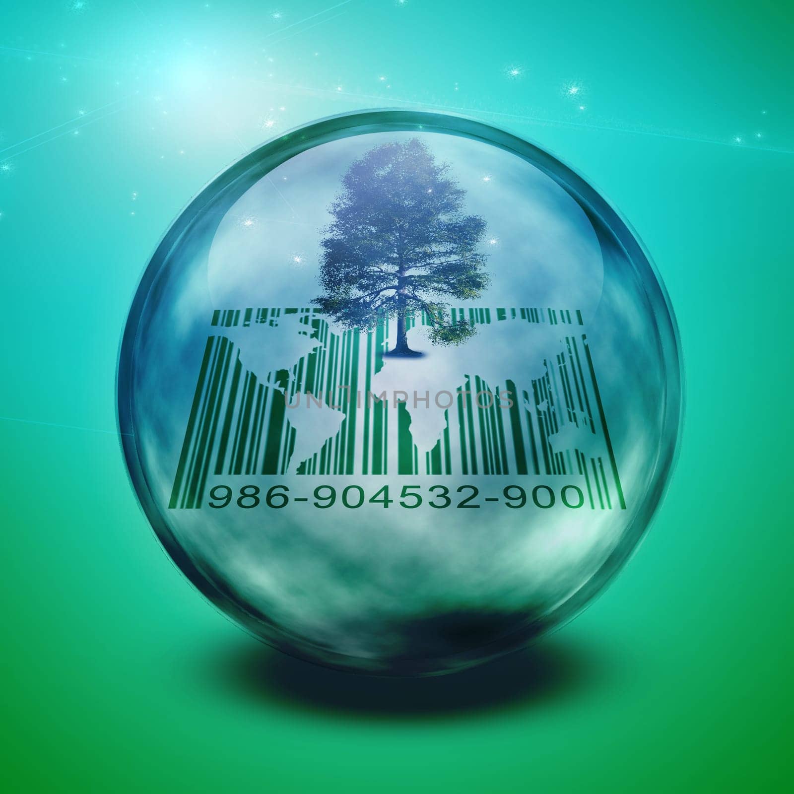 Green tree and bar code inside bubble.