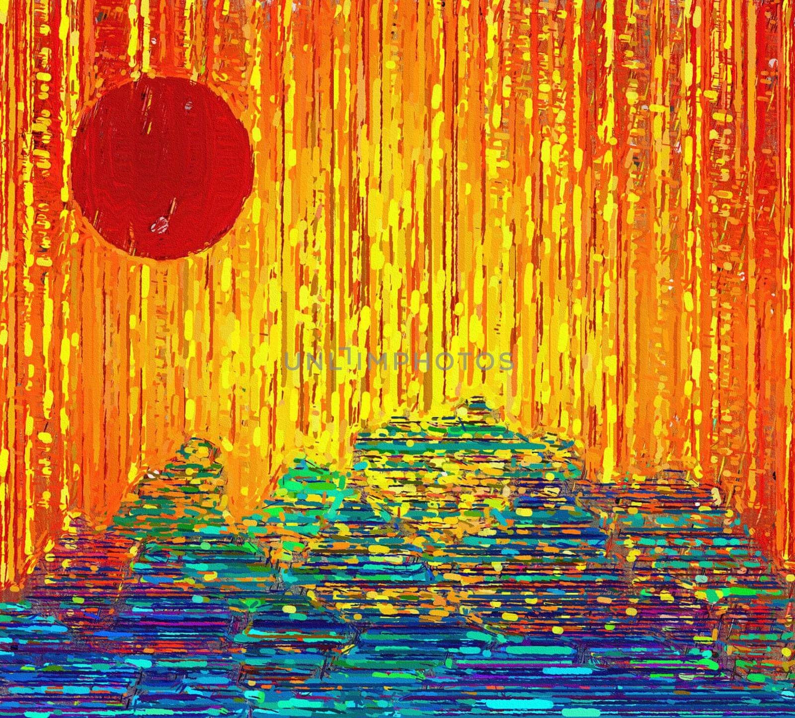 Abstract painting. Red Sunset. Asian style