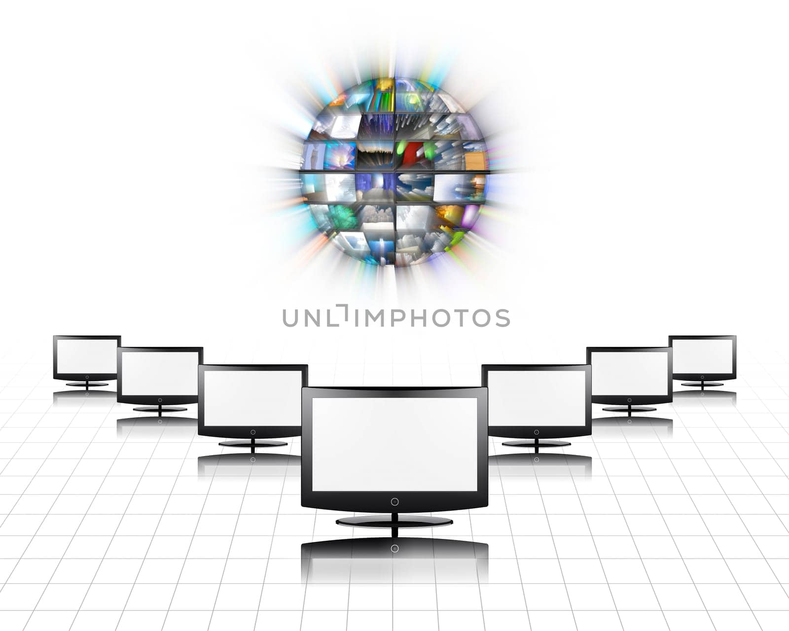 Flat panels video screens and Media Sphere
