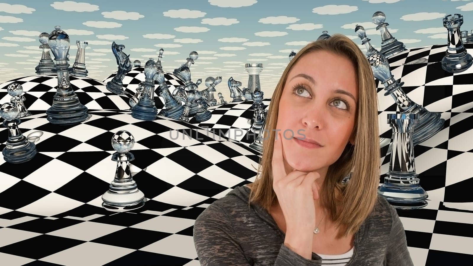 Woman thinks before chessboard