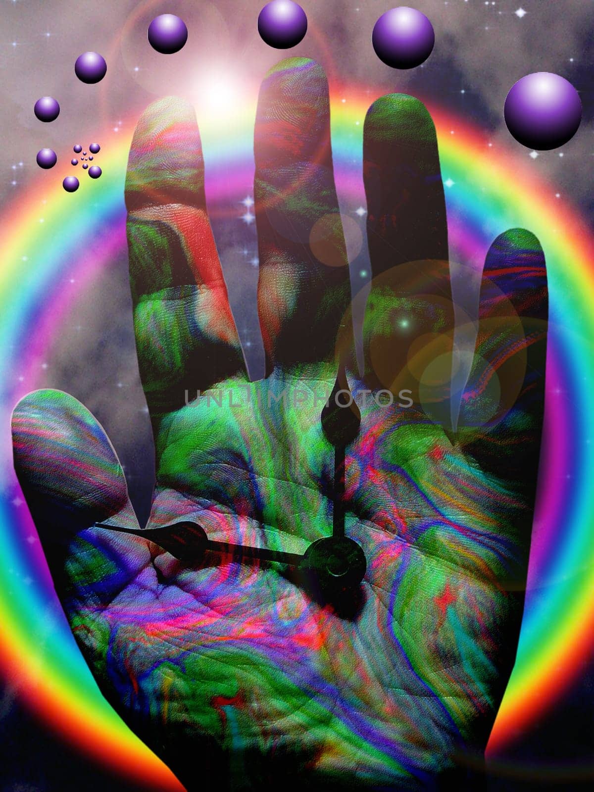 Colorful hand of time. Rainbow and purple spheres