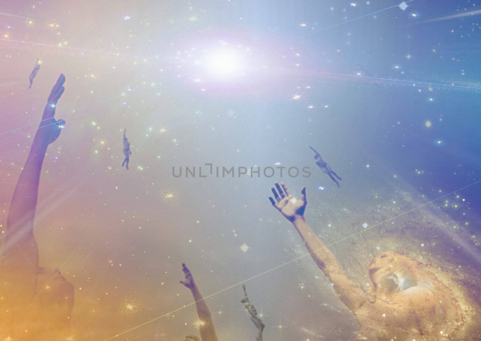 People soaring toward light among stars.