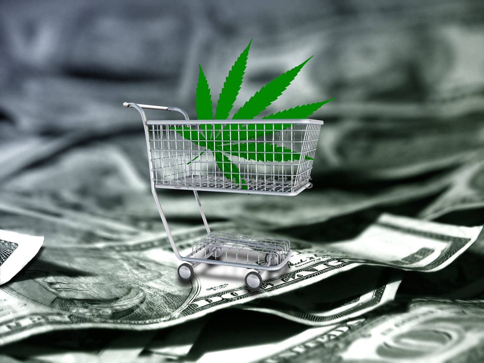 Marijuana leaf in a cart. US dollars.