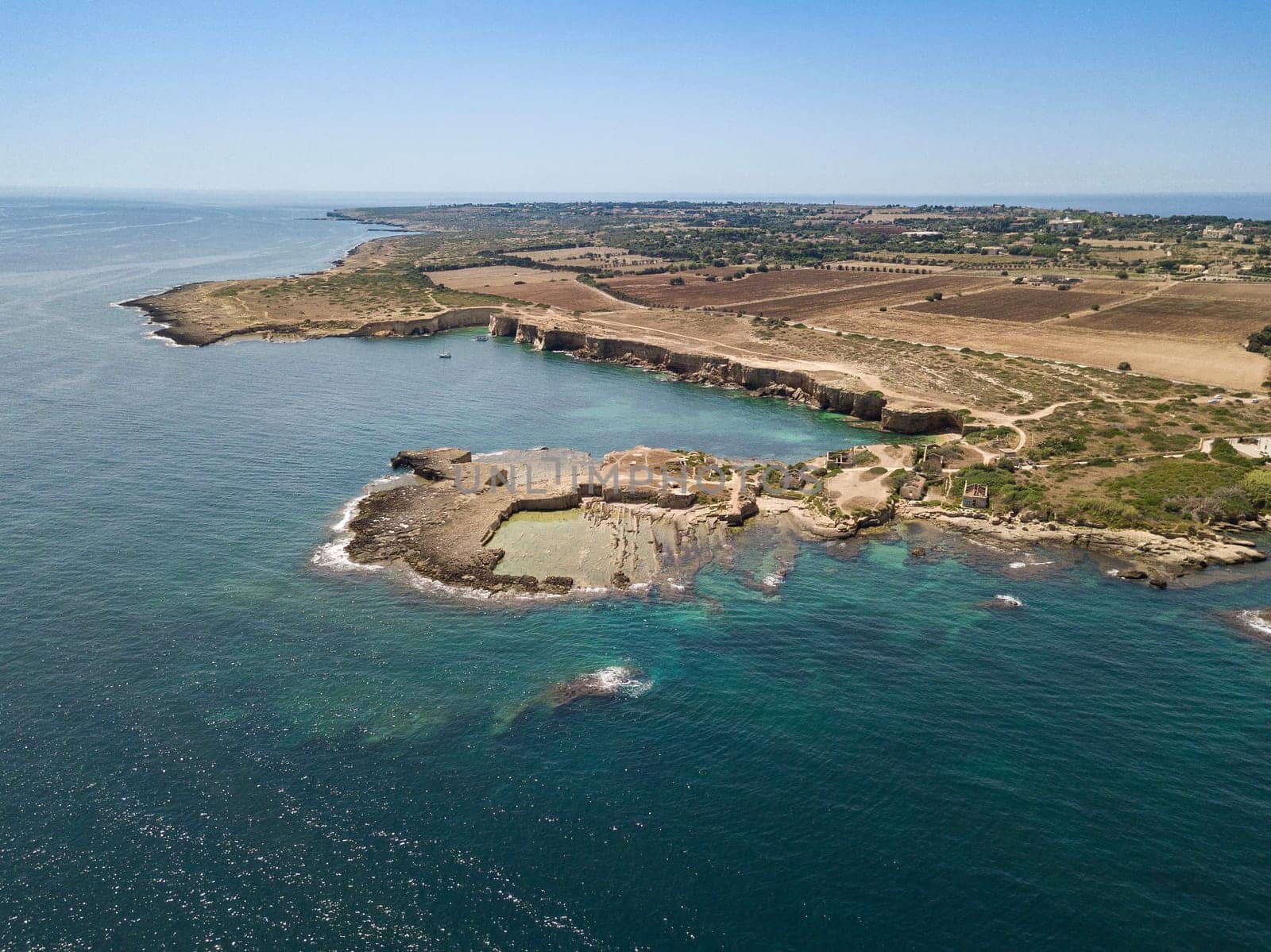 Aerial view of scenic coastline of Plemmirio Natural Reserve in Sicily, Italy