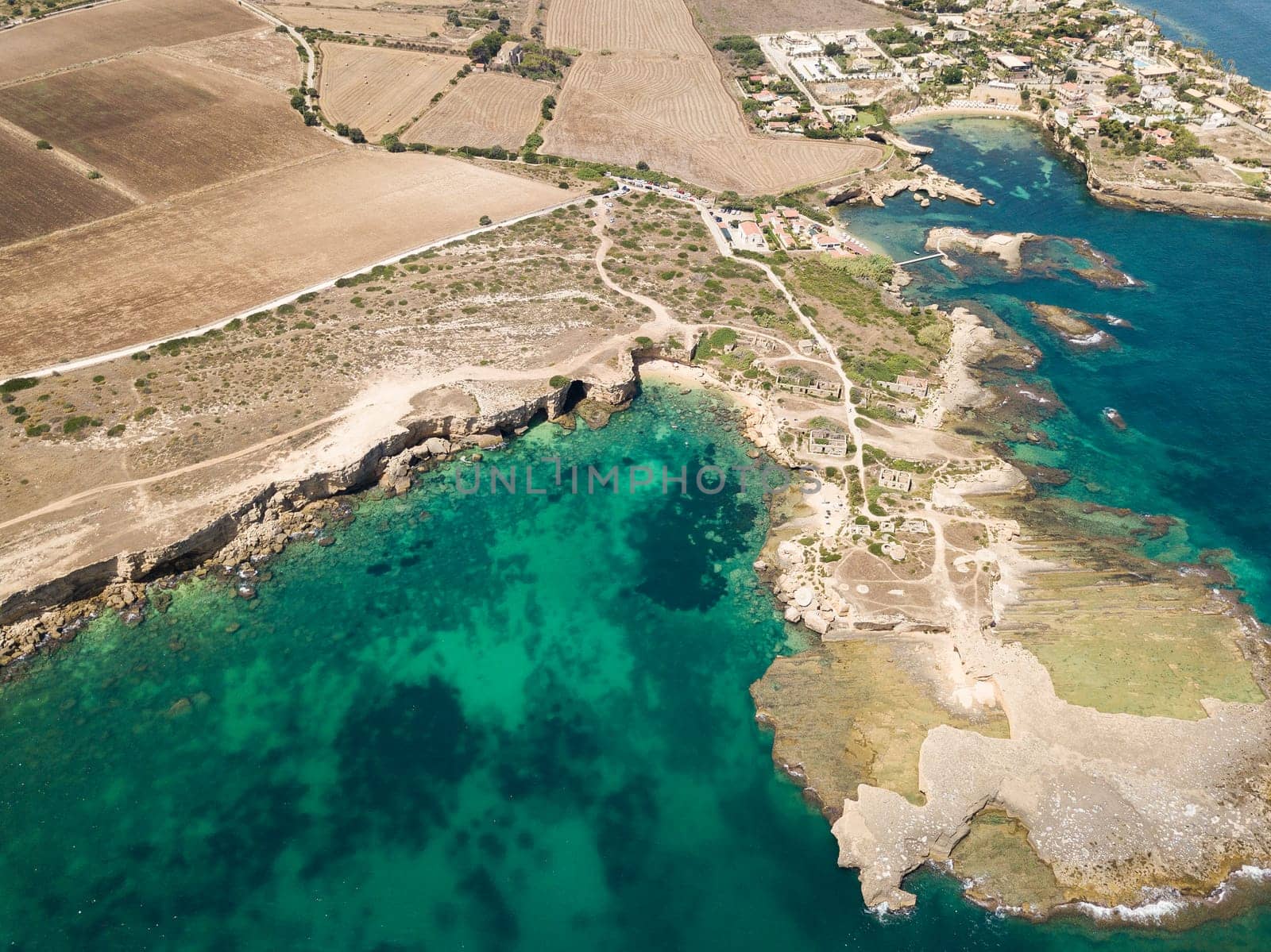 Aerial view of scenic coastline of Plemmirio Natural Reserve in Sicily, Italy