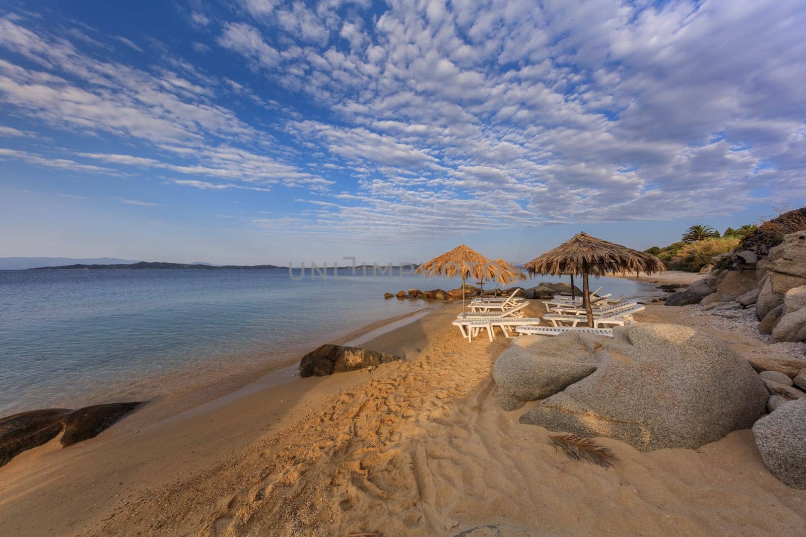 sunrise on the beach near Ouranoupolis city. Halkidiki, Greece