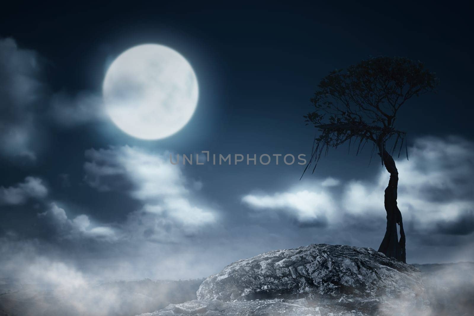 Foggy night with tree and moonlight. Halloween background