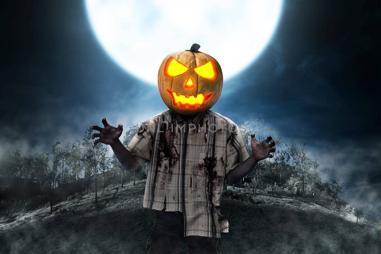 Zombie man with pumpkin head over full moon background. Halloween concept
