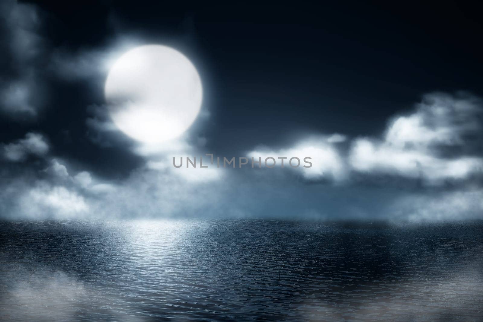 Misty lake at night with moonlight background. Halloween background