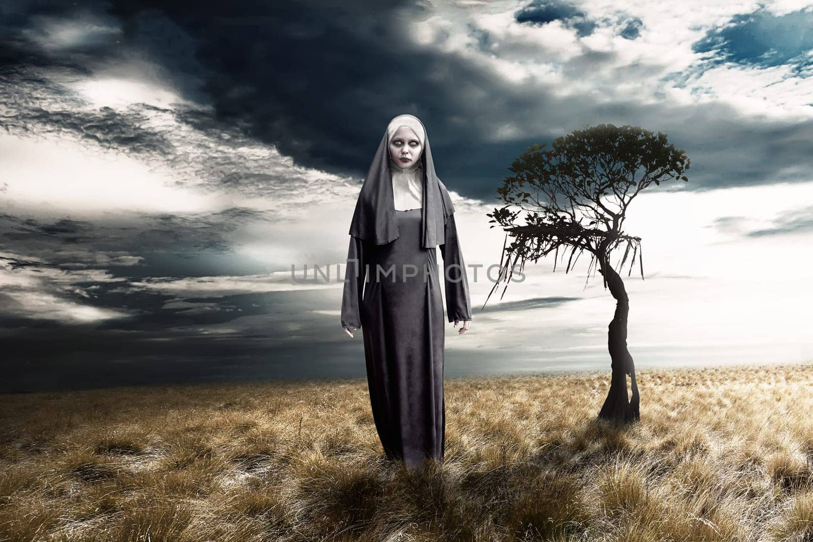 Scary devil nun with dark sky background. Halloween concept