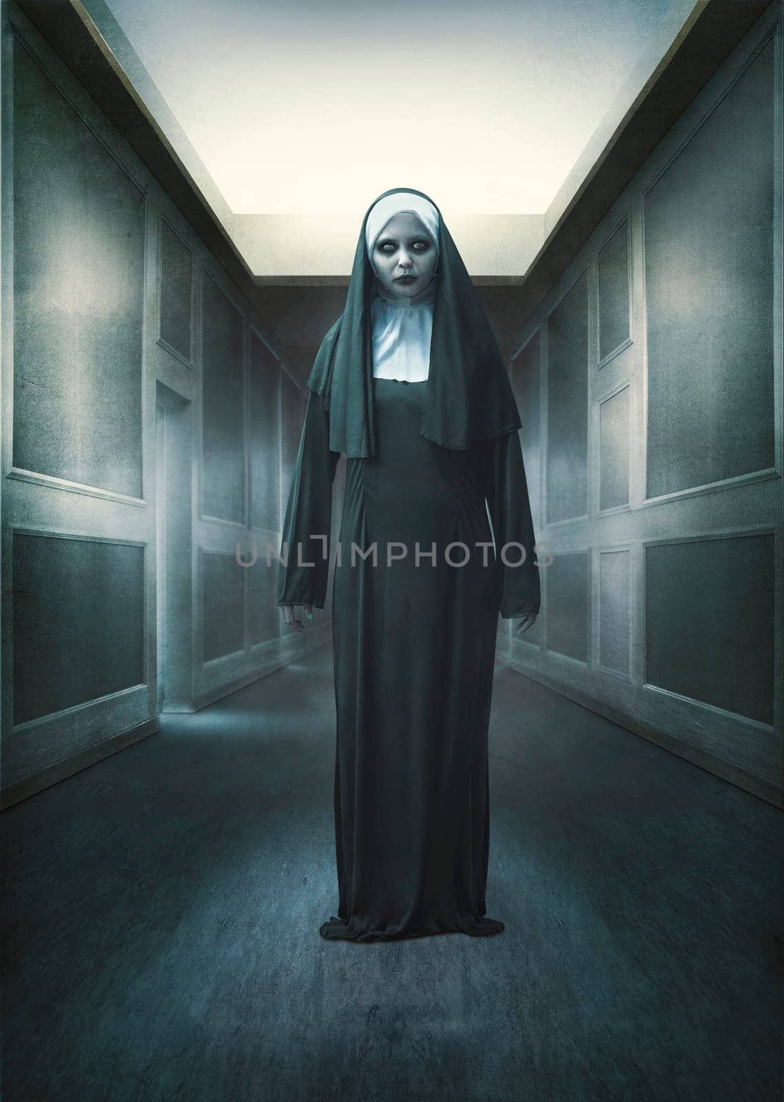 Scary devil nun standing on abandoned place. Halloween concept