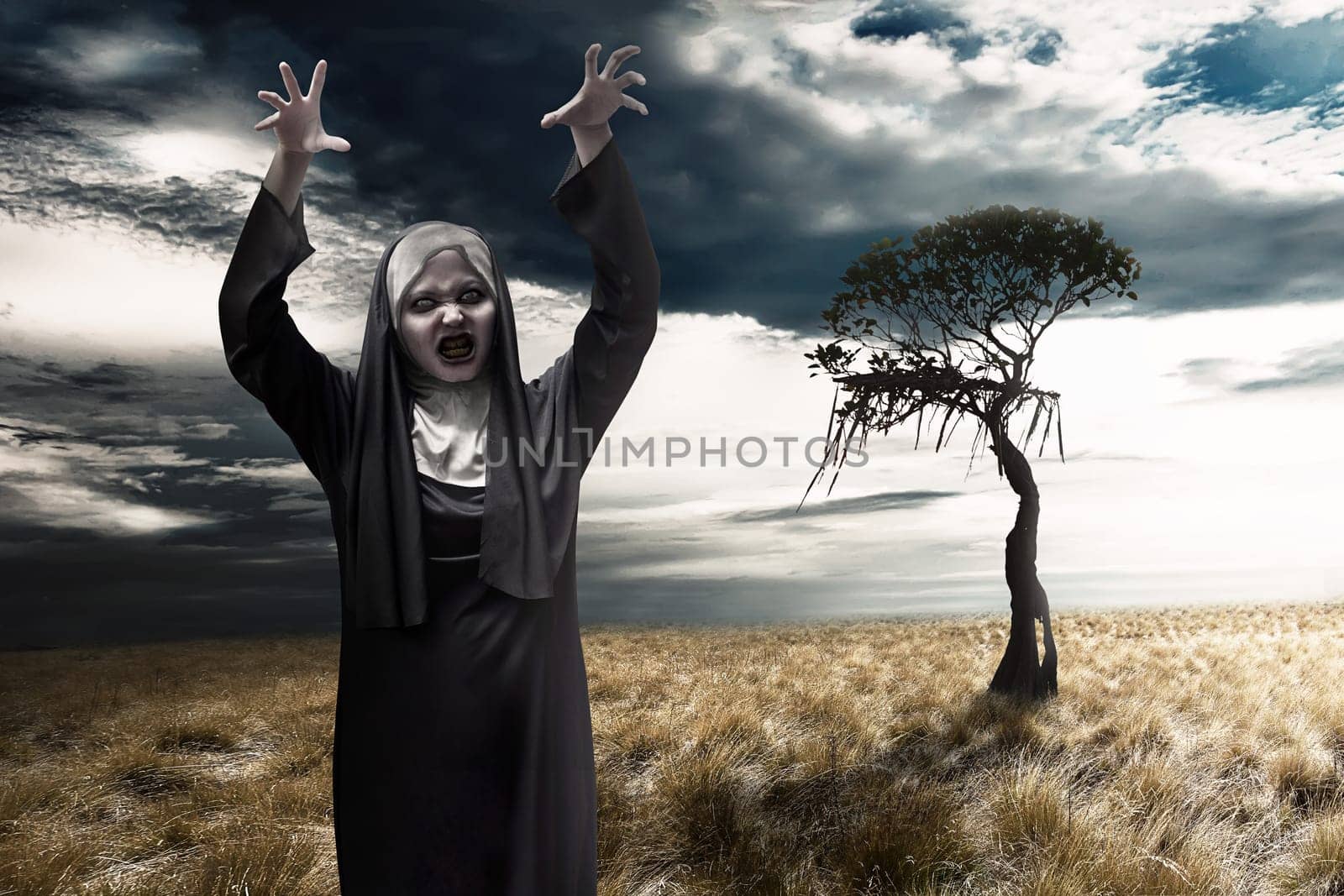 Scary devil nun with dark sky background. Halloween concept