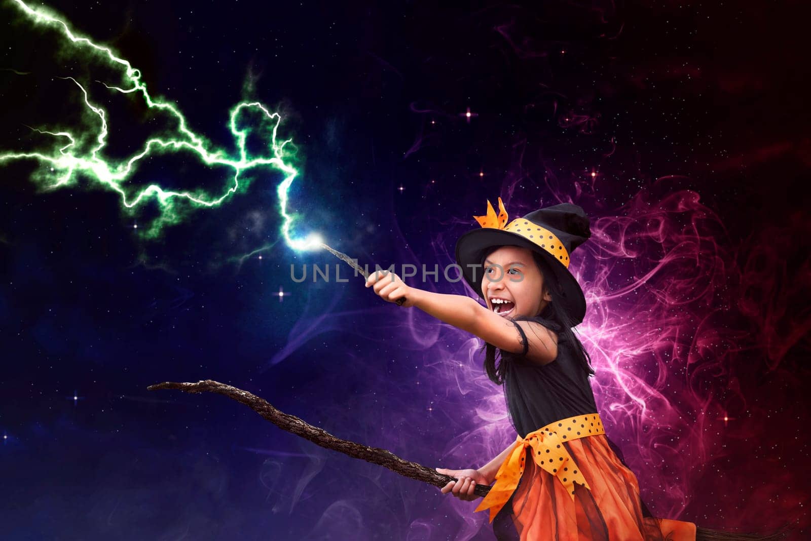 Asian witch girl with broomstick and magic wand. Happy Halloween