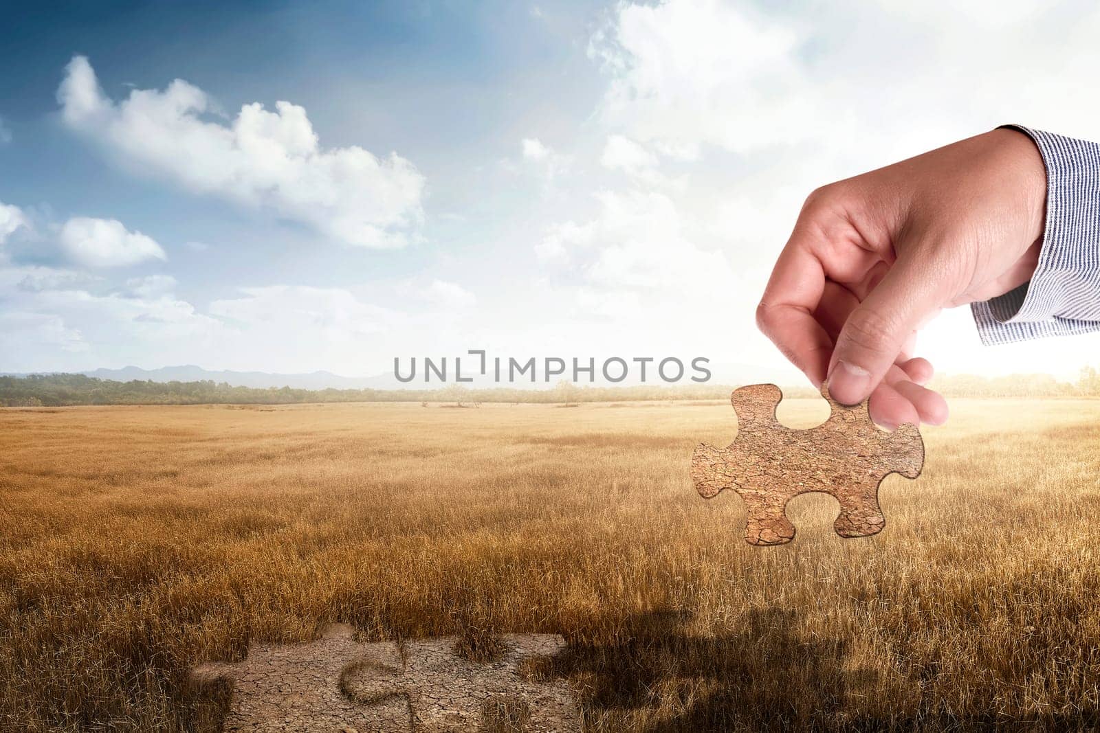 Hands holding puzzle piece on the golden wheat field. Harvest at fall concept