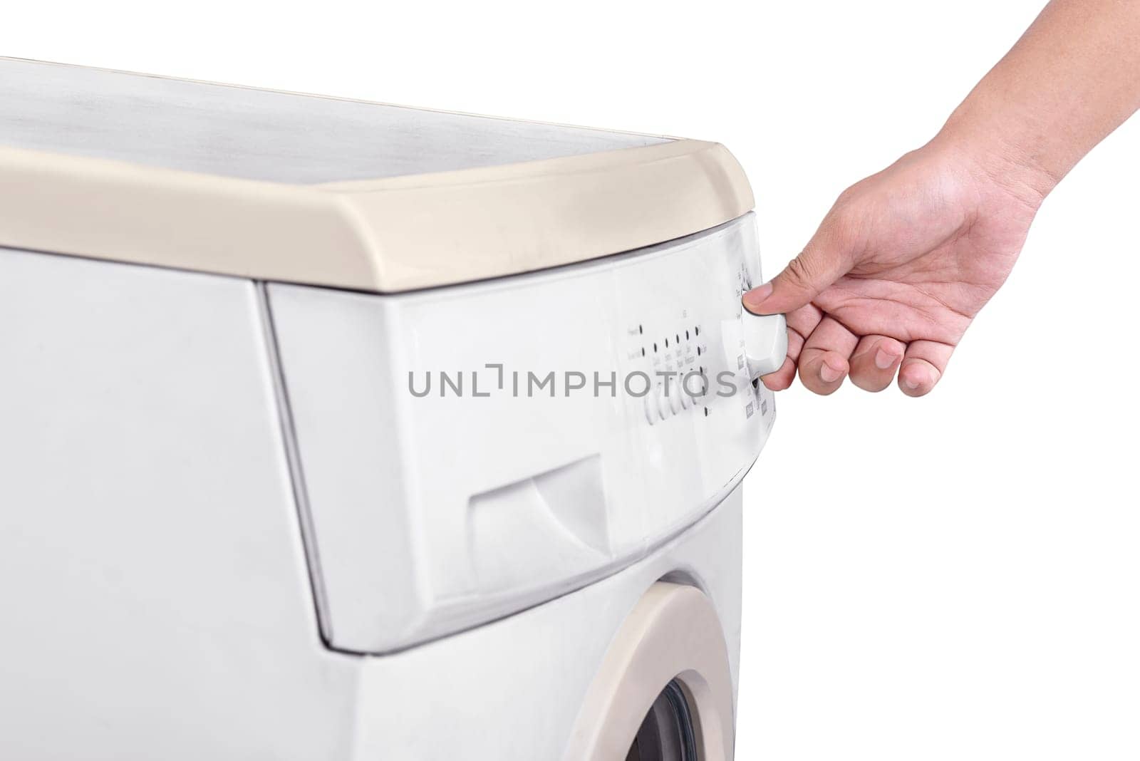 Closeup of man hands adjusting washing machine program isolated over white background