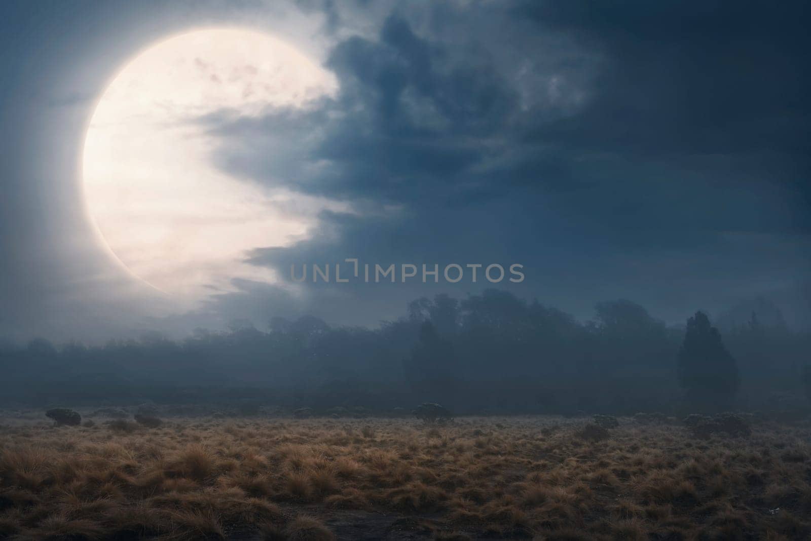 Field with fog and dark clouds at night