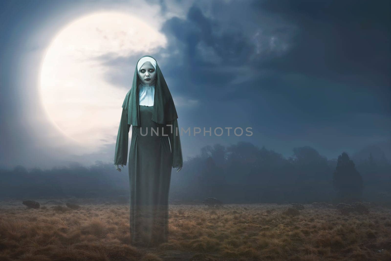 Scary devil nun with full moon background. Halloween concept