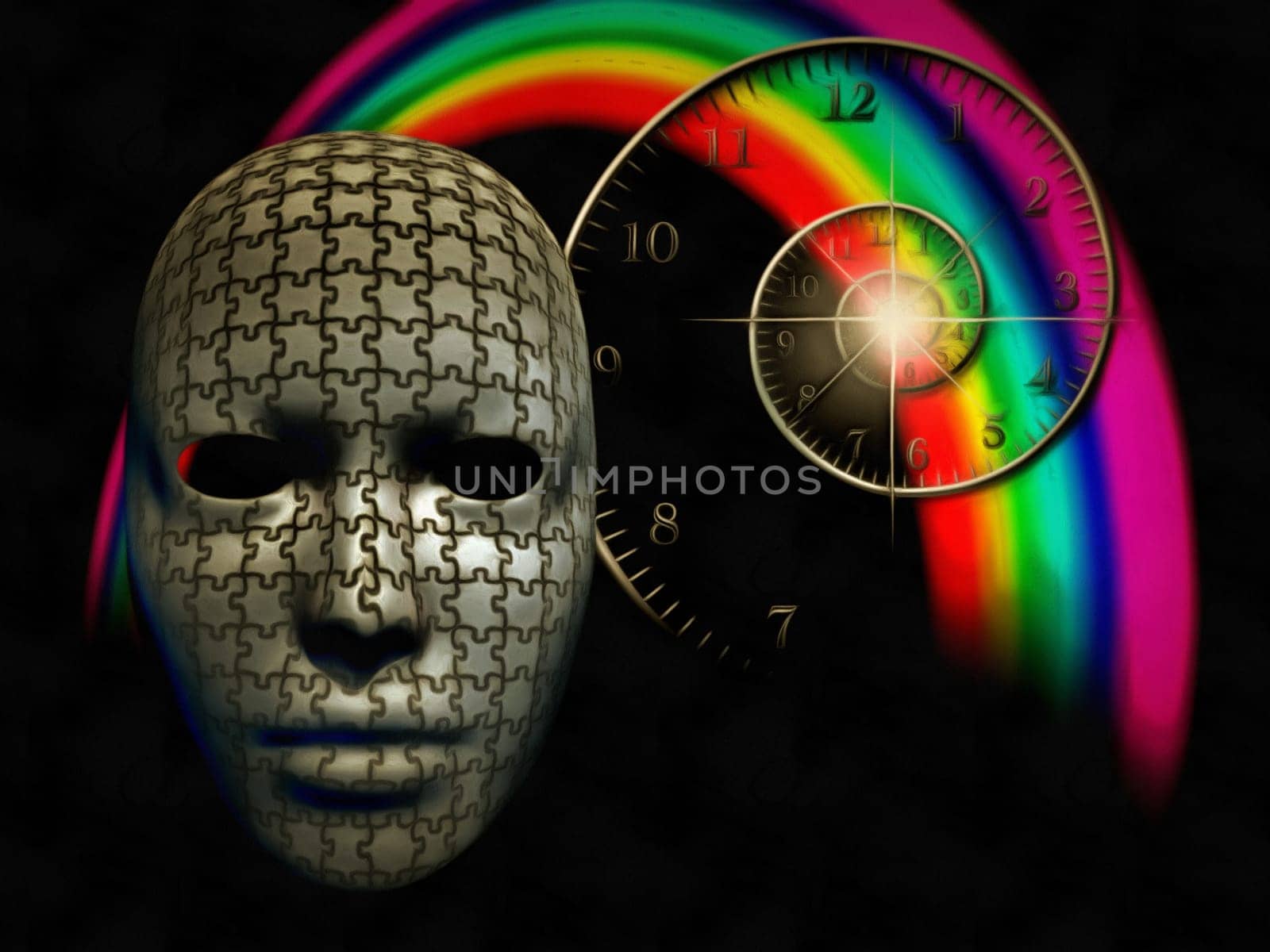 Surreal painting. Mask with puzzle pattern. Spiral of time and rainbow on a background.