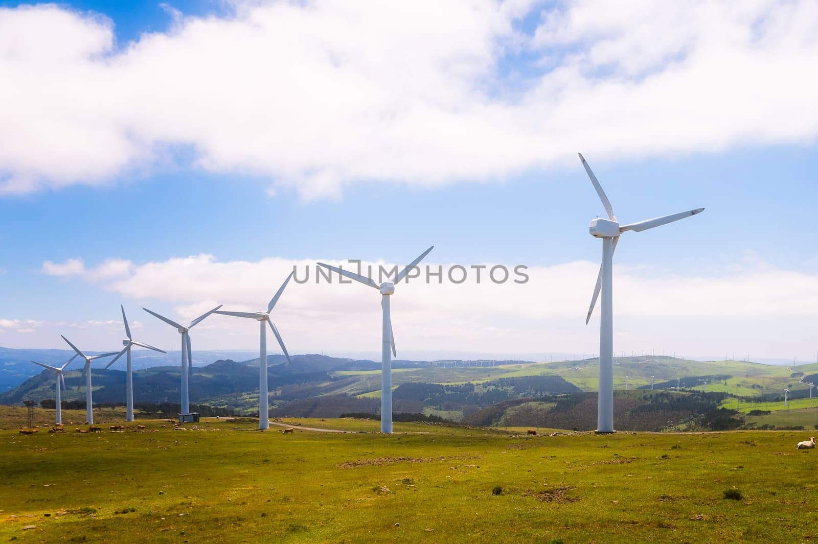 Wind turbines in the mountains. Renewable Energy. Galicia, Spain.