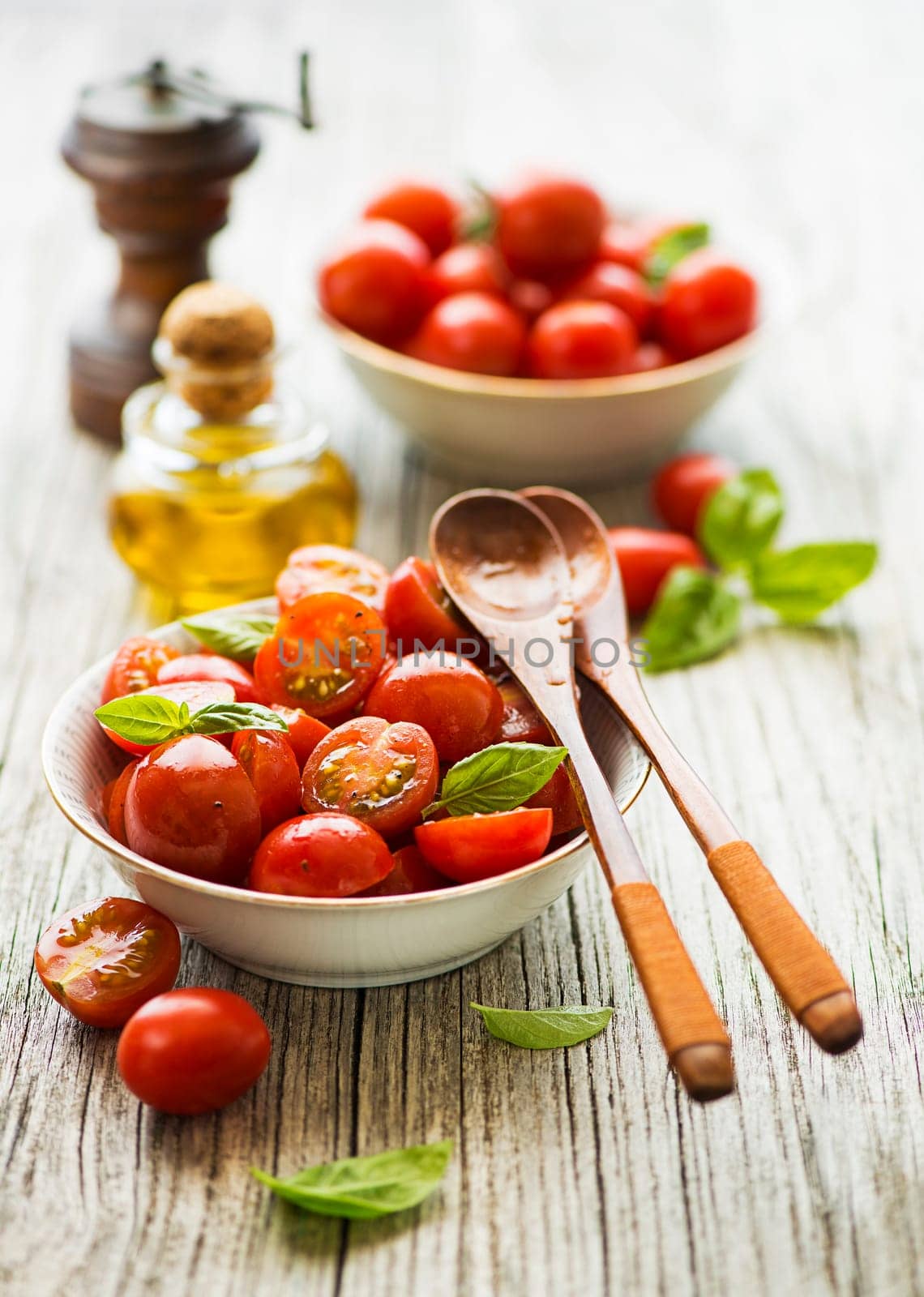 Salad with cherry tomatoes. Home made food. Concept for a tasty and healthy meal.