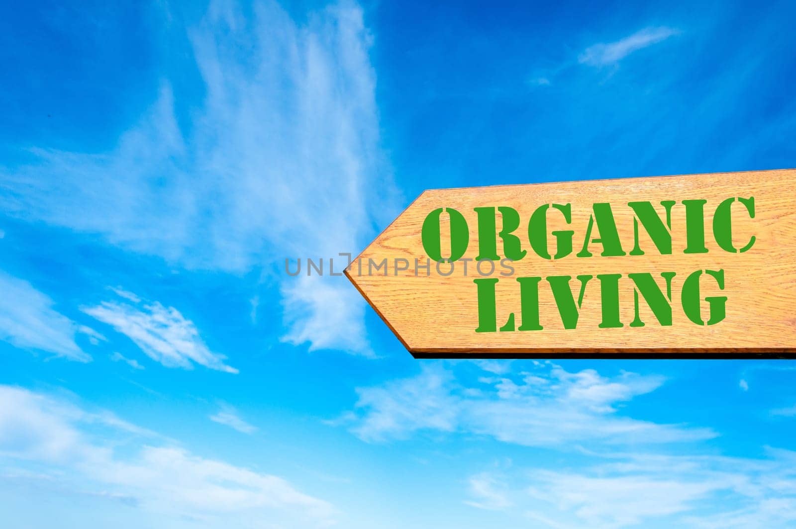 Wood arrow sign against clear blue sky with Organic Living message, Healthy Living concept