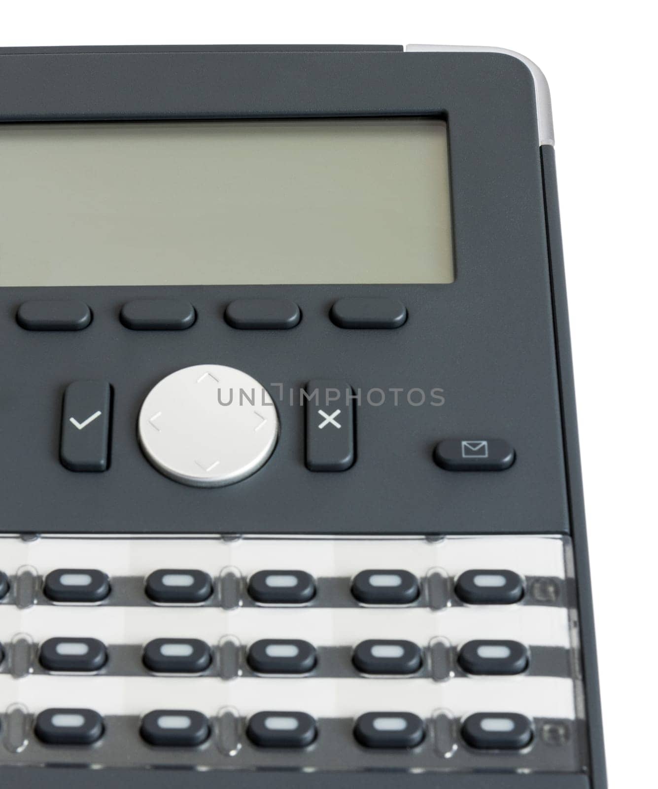 close up shot of modern business phone with digital display isolated in white background