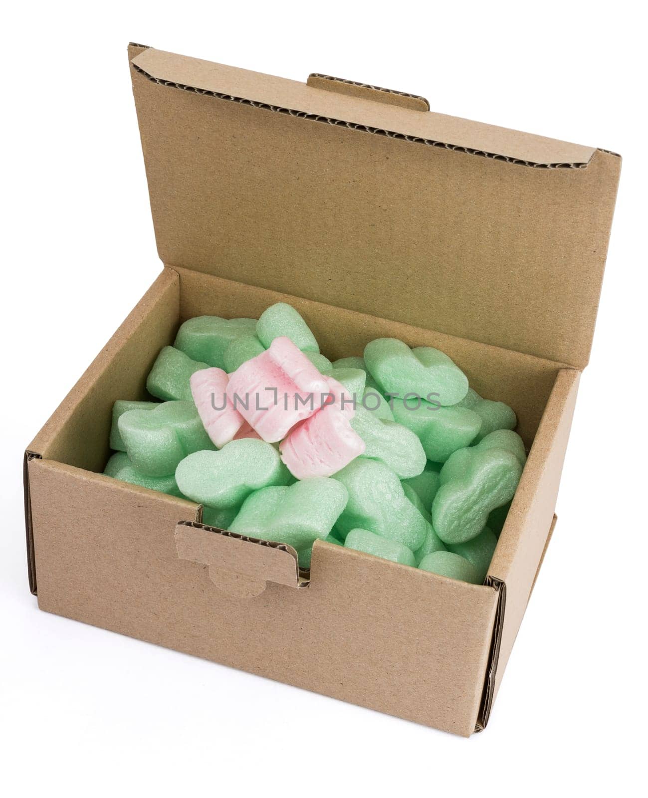 open packaging box with green and pink foam on white background