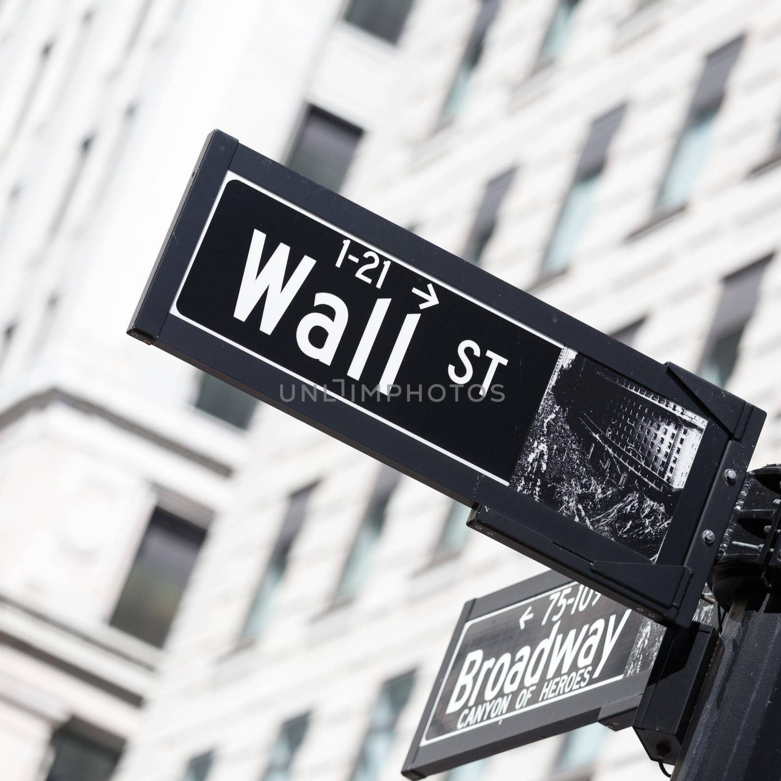 Wall St. street sign in lower Manhattan, New York City, USA.