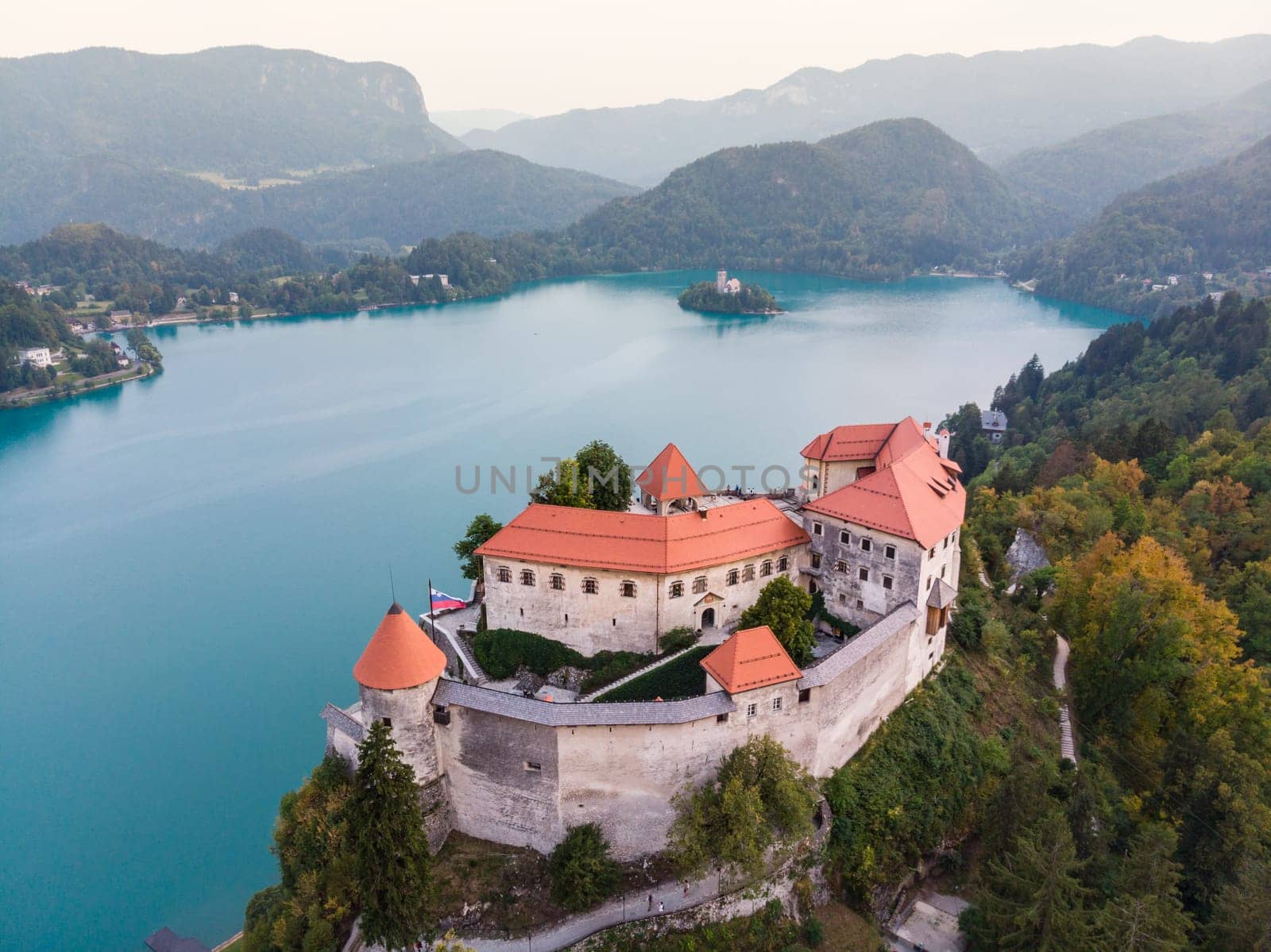 Aerial view of medieval castle by the lake Bled in Slovenia. Beautiful nature of Slovenia.
