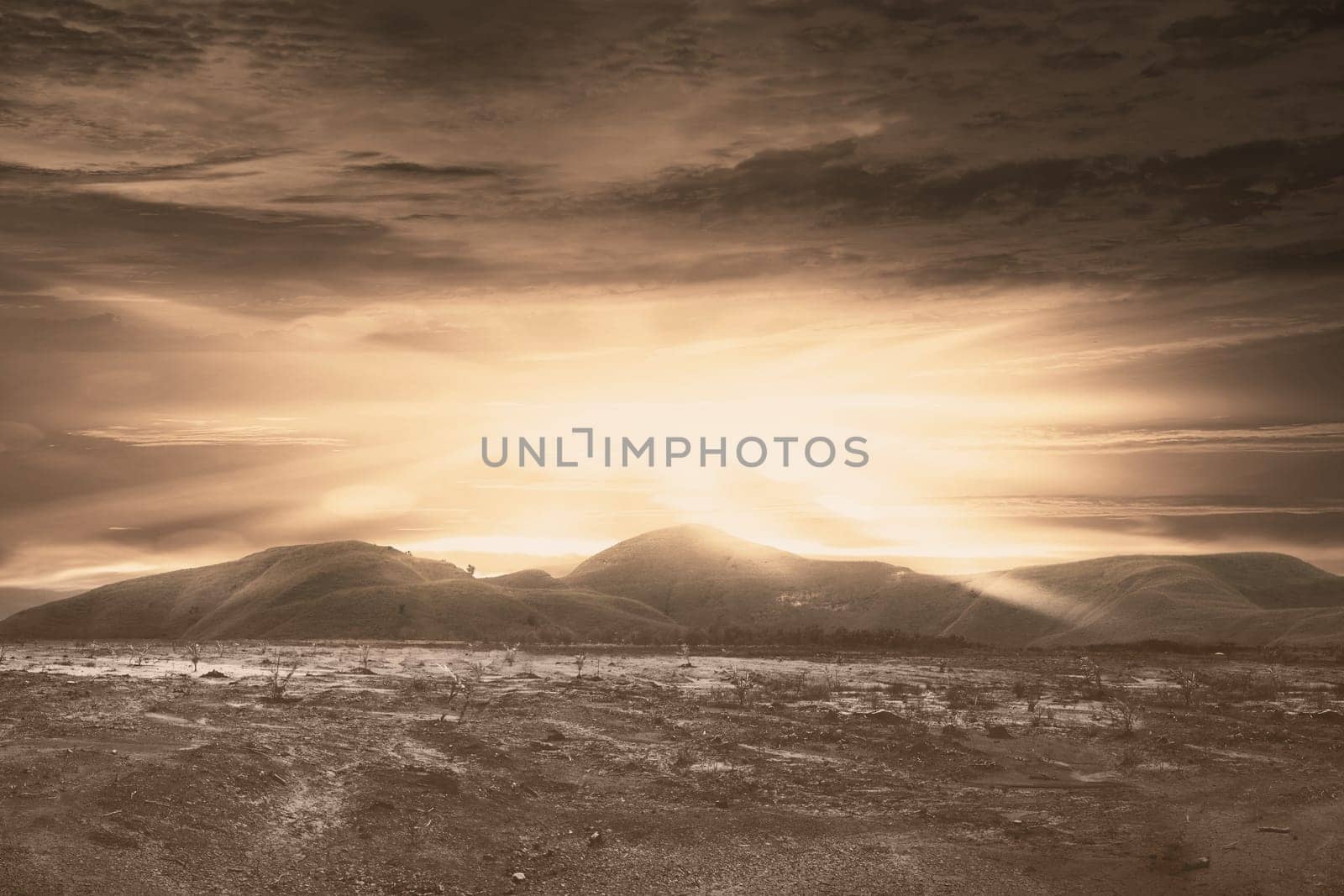 Dry land with dark cloud on the sky. Halloween background