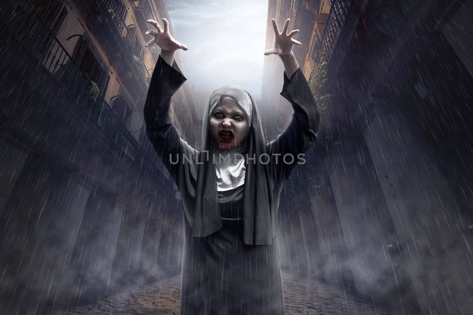 Spooky asian devil nun with blood on her mouth in abandoned place
