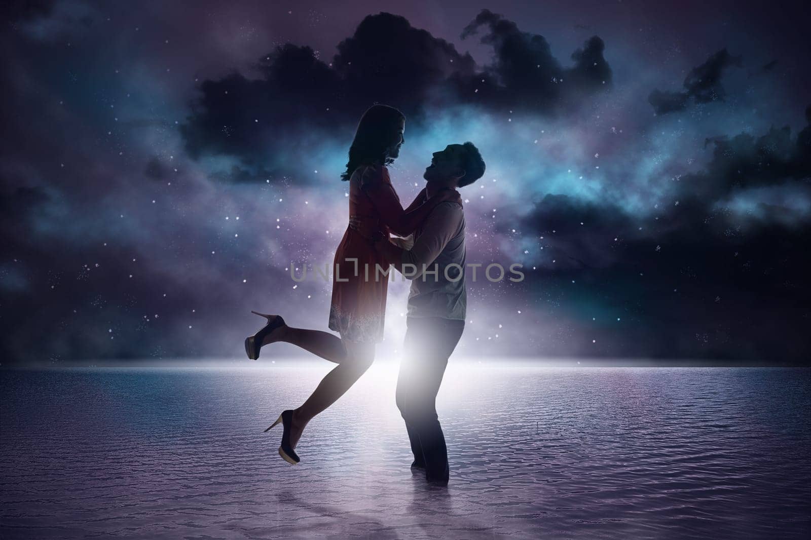 Romantic asian couple smiling staring at each other on the beach