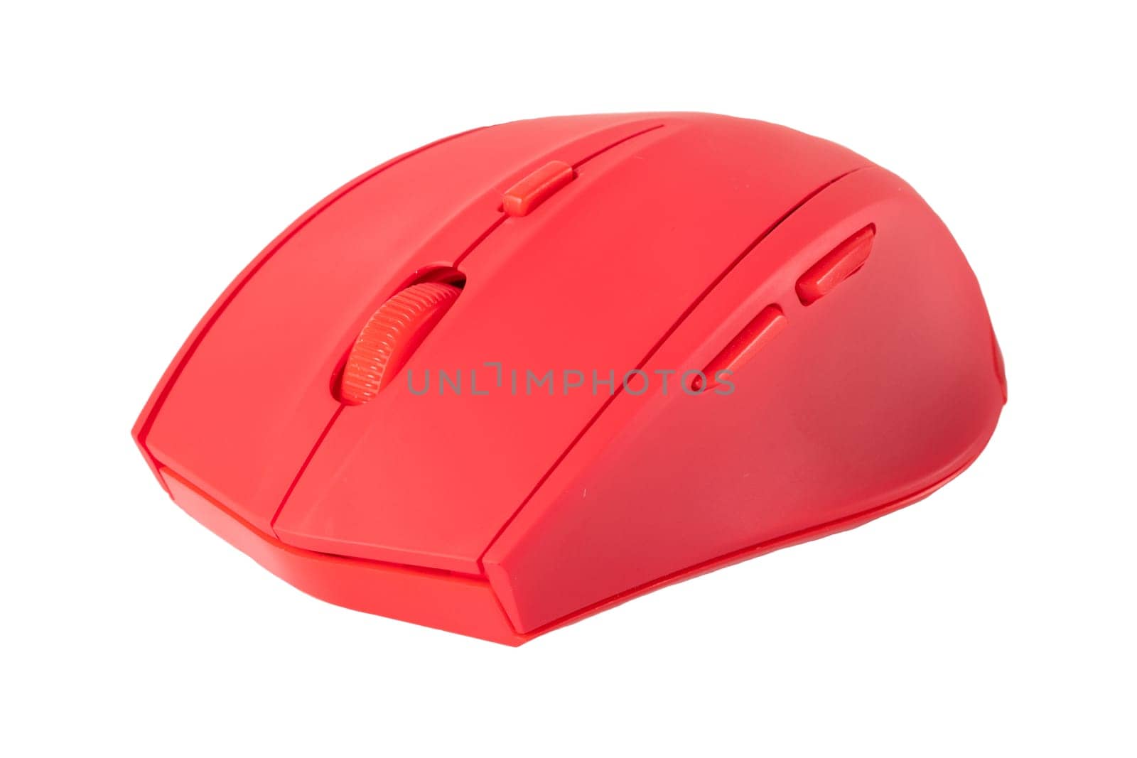Wireless red computer mouse isolated on white background. Computer equipment.