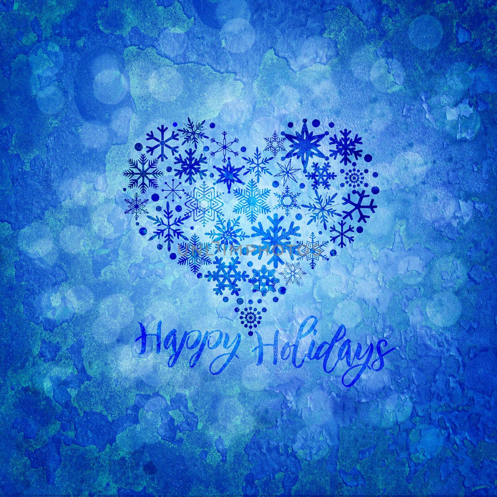 Christmas Happy Holidays Snowflakes Heart Shape on Blue Blurred Grunge Texture Background Illustration