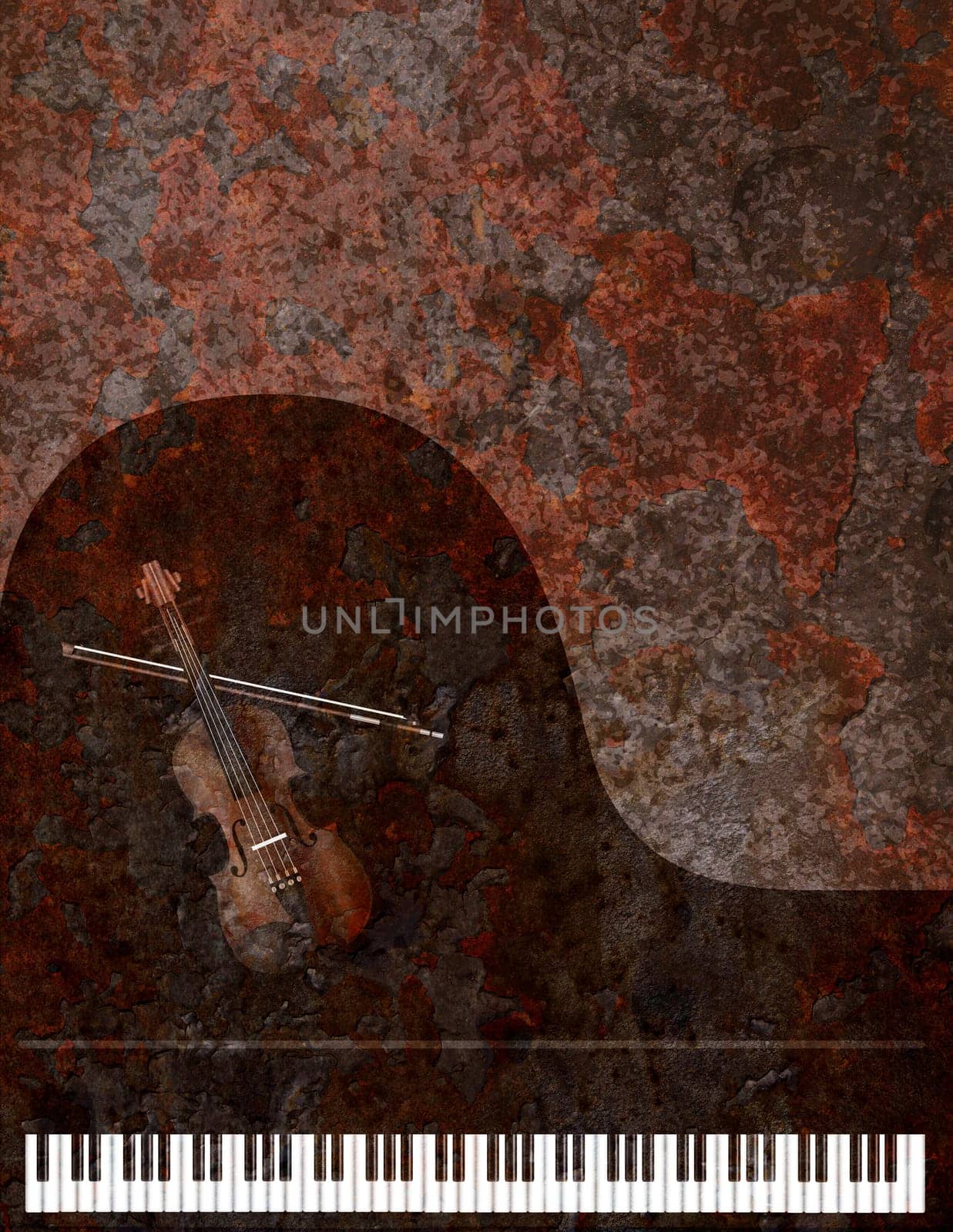 Grand Piano Keyboard and Violin Musical Instruments on Grunge Texture Background