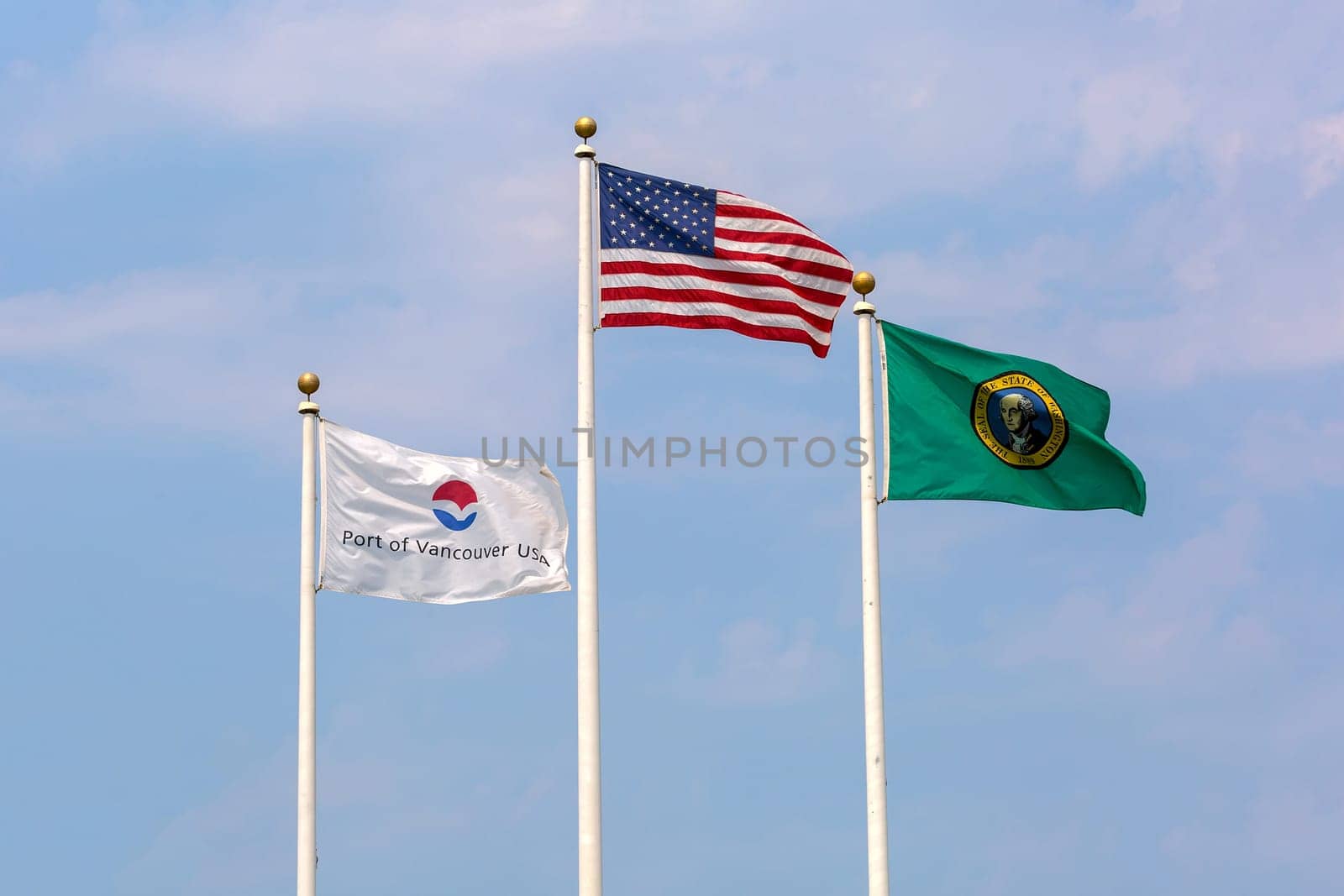 USA Port of Vancouver State of Washington Flags against blue sky background