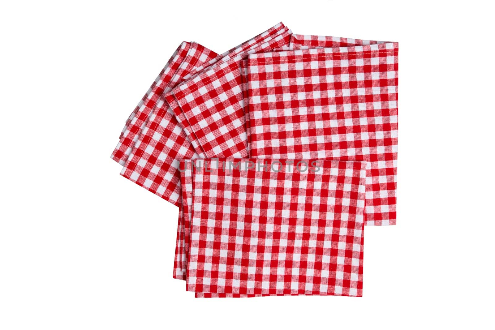 Set of four red and white checkered napkins. Kitchen accessories.