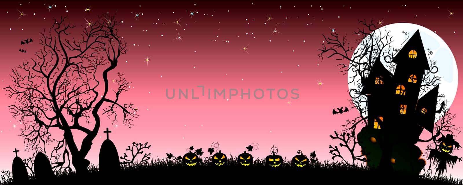 Night on Halloween. Pumpkins, castle, silhouettes of trees, grass, scarecrow, cemetery in the background of the moon and the starry sky. The dark pink starry sky and the bright white moon.