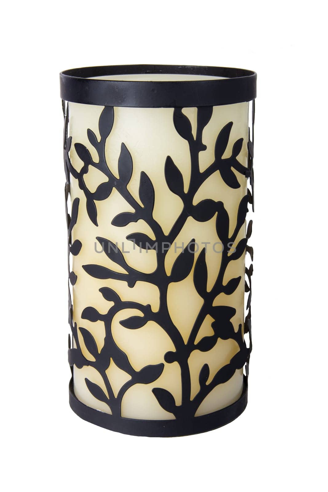 Decorative black metal candle holder isolated on white background.